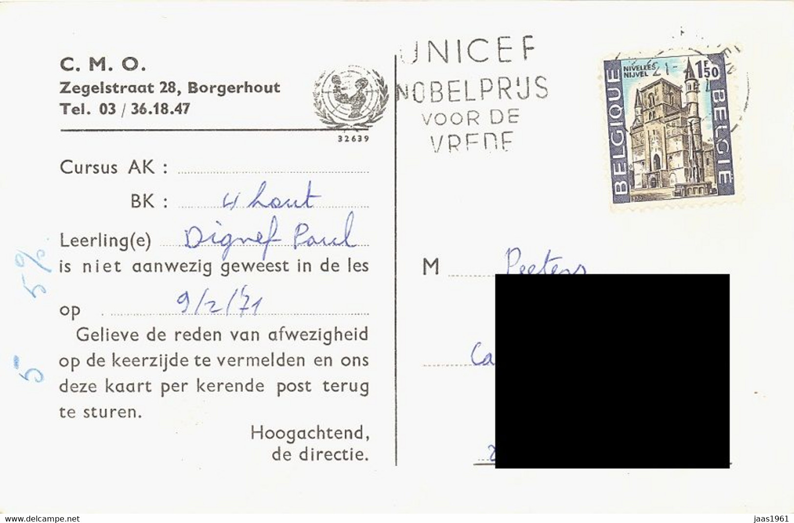 BELGIUM. POSTMARK UNICEF NOBEL PEACE PRIZE - Other & Unclassified