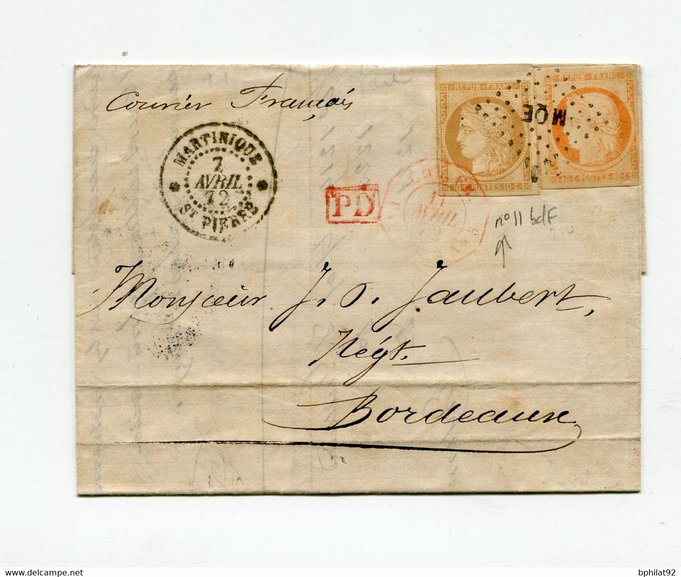 !!! LETTRE DE ST PIERRE DE LA MARTINIQUE DE 1872 AFFRANCH CERES (DONT N°11 BDF) PAR VOIE FRANCAISE - Cérès