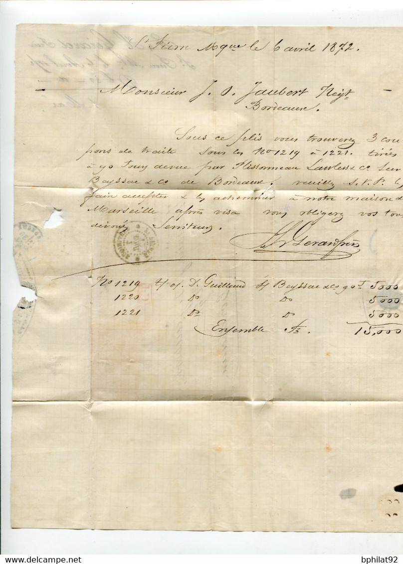 !!! LETTRE DE ST PIERRE DE LA MARTINIQUE DE 1872 AFFRANCH CERES (DONT N°11 BDF) PAR VOIE FRANCAISE - Ceres