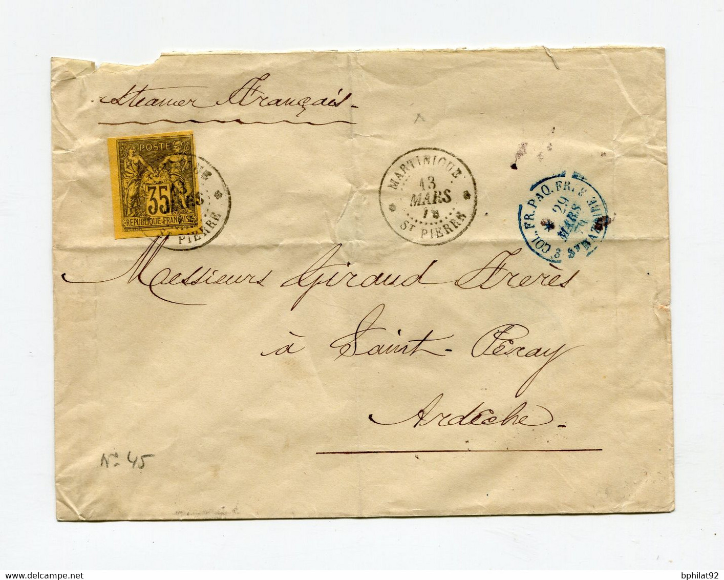 !!! N°45 SEUL SUR LETTRE DE ST PIERRE DE LA MARTINIQUE DE 1879,  PAR STEAMER FRANCAIS - Sage