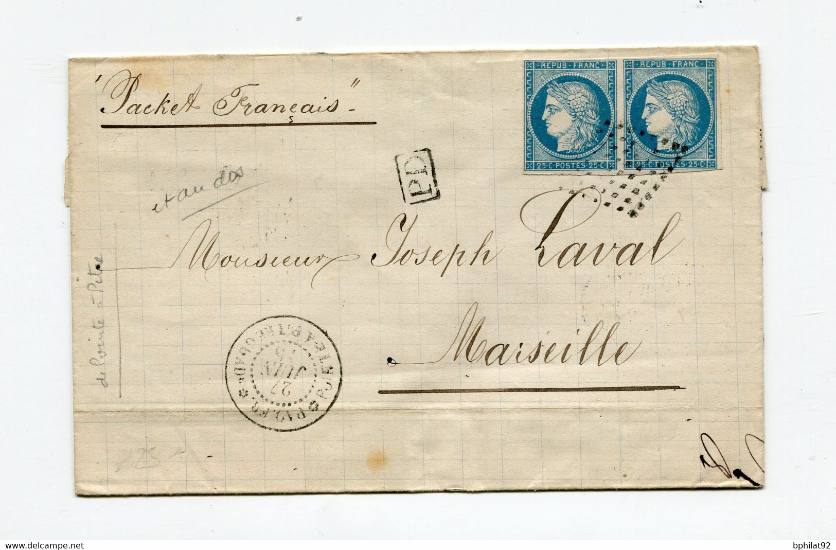 !!! GUADELOUPE, LETTRE DE POINTE A PITRE DE 1875 POUR MARSEILLE, PAR PAQUEBOT FRANCAIS. TARIF A 50C - Ceres