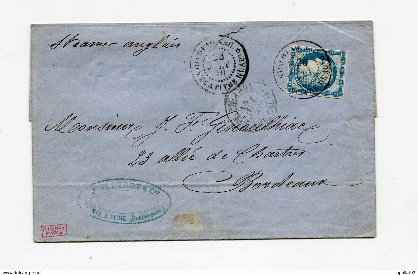 !!! GUADELOUPE, LETTRE DE POINTE A PITRE DE 1880 POUR BORDEAUX, PAR STEAMER ANGLAIS. TARIF A 25C - Cérès