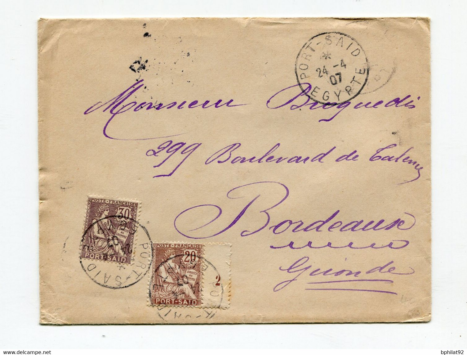 !!! LETTRE DE PORT SAID POUR BORDEAUX DE 1907 - Cartas & Documentos