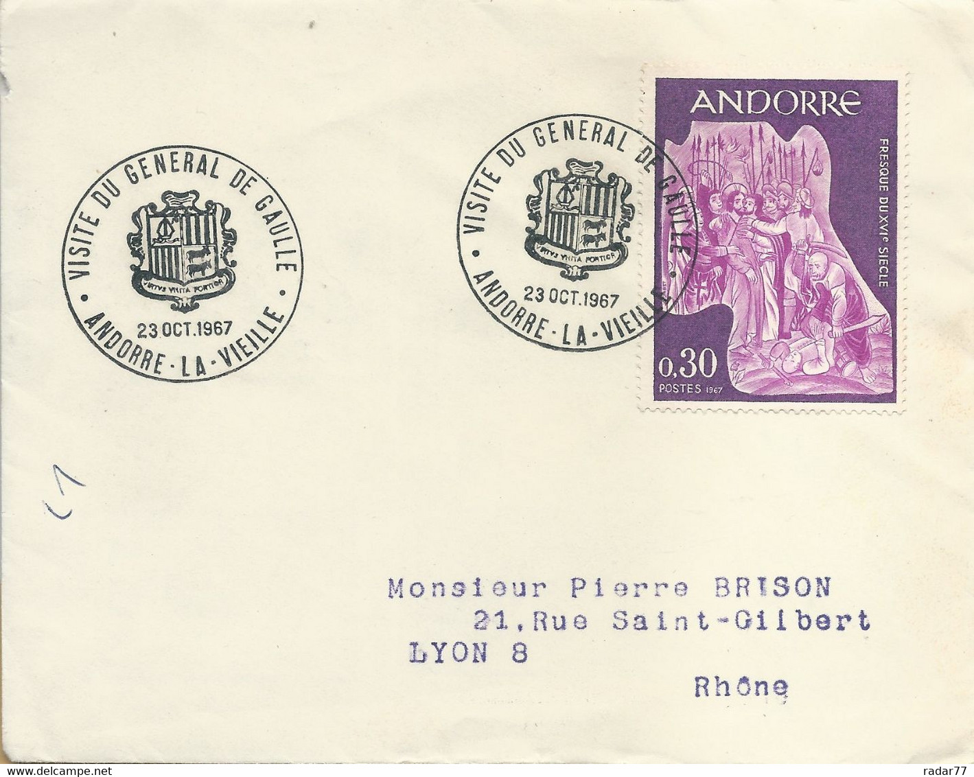 Lettre Andorre Avec Cachet Commémoratif Visite Du Général De Gaulle - Andorre La Vieille - 23/10/1967 - Machines à Affranchir (EMA)