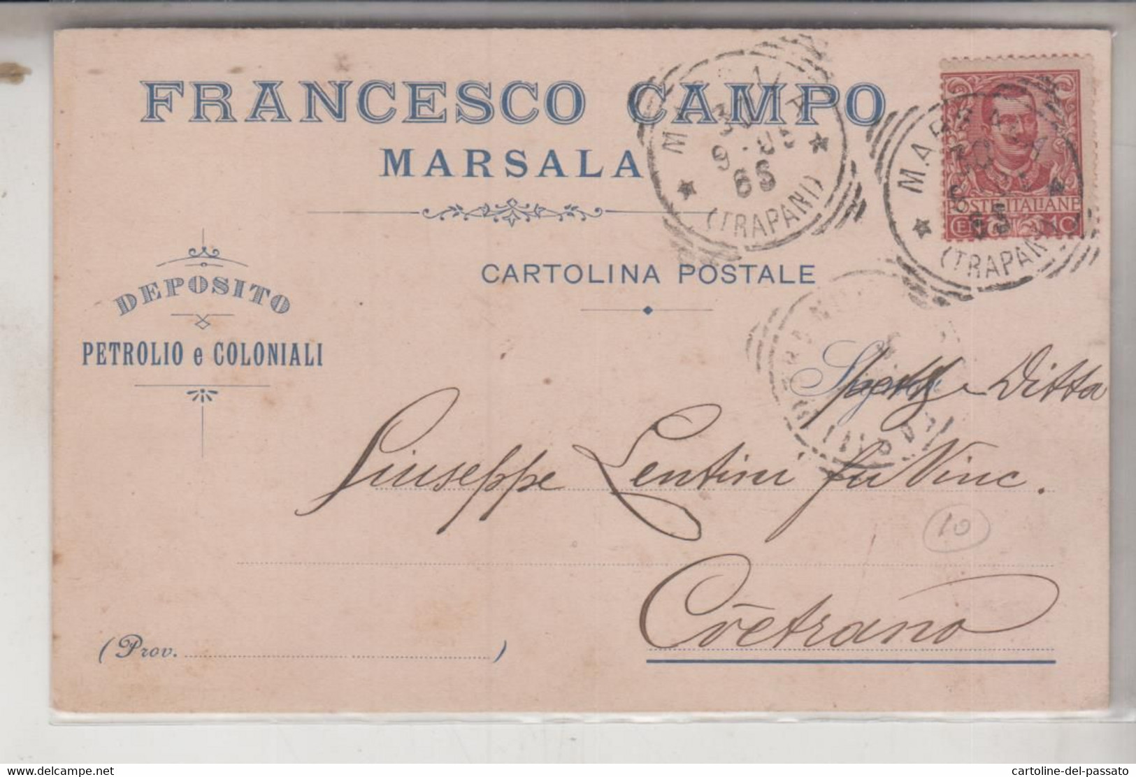 MARSALA  STORIA POSTALE PUBBLICITARIA  1909  DEPOSITO PETROLIO E COLONIALI F. CAMPO PER  CETRANO - Marsala