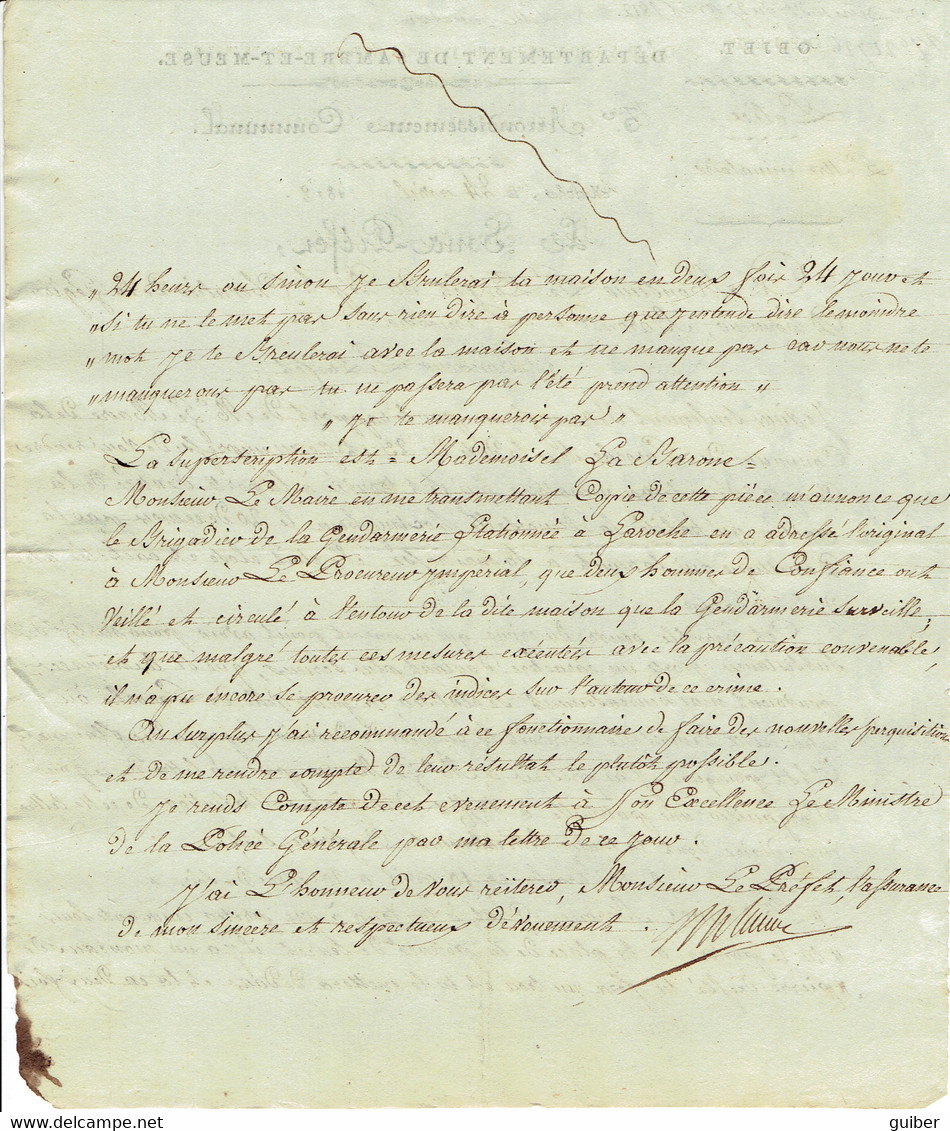 Departement Sambre Et Meuse Lettre Minatoire De Marche 1812 Le Sous Prefet Chevalier Légion D'honneur Com. De Laroche - Manuskripte