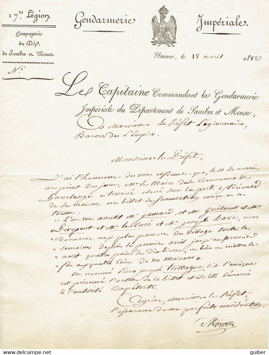Gendarmerie Impériale 1812 L.manuscrite Capitaine Marotte Sambre Meuse Prefet Légionnaire Empire Namur Maire Havelange - Manuscripts