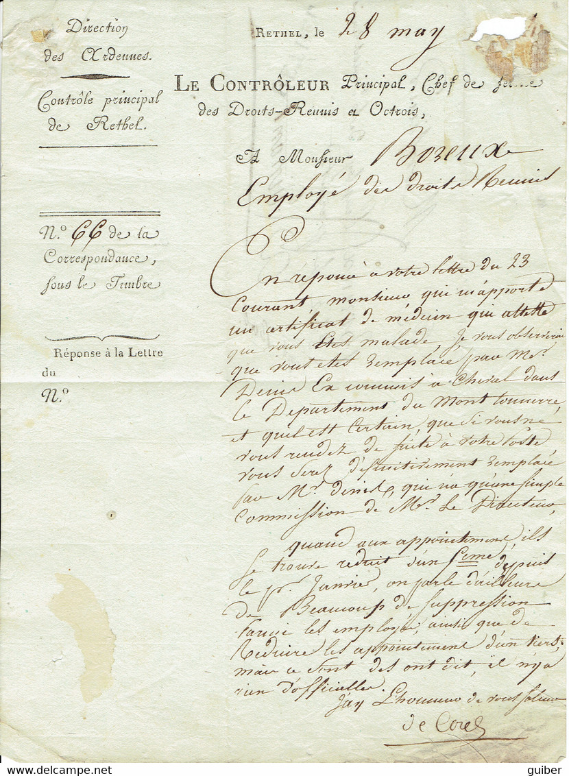 Lettre Precurseur Avec Contenu De Rethel Manuscrite Vers Dinant (belgique) Port 4  Droits Réunis Et Octrois - 1701-1800: Precursori XVIII