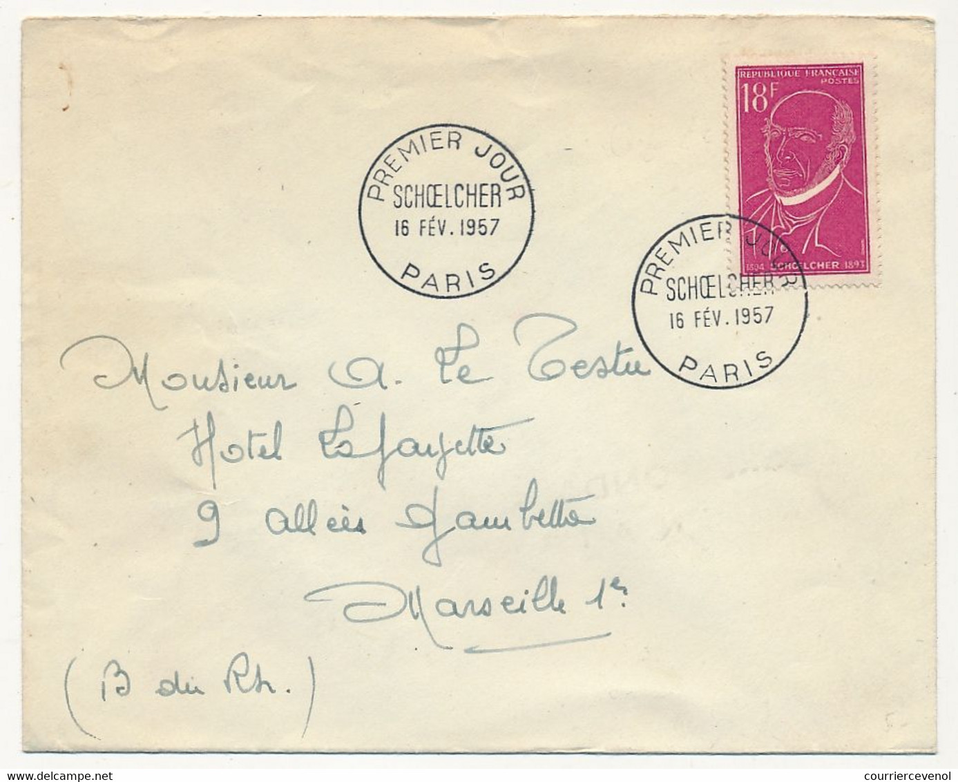 FRANCE => Env. Affr 18F Schoelcher - Premier Jour - Paris - 16 Février 1957 - Briefe U. Dokumente