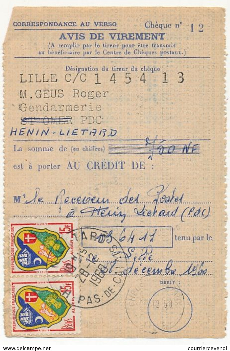 FRANCE => Talon Avis De Virement, Affr. 15F Alger X2, Oblitéré Hénin-Liétard 28/12/1960 - Lettres & Documents