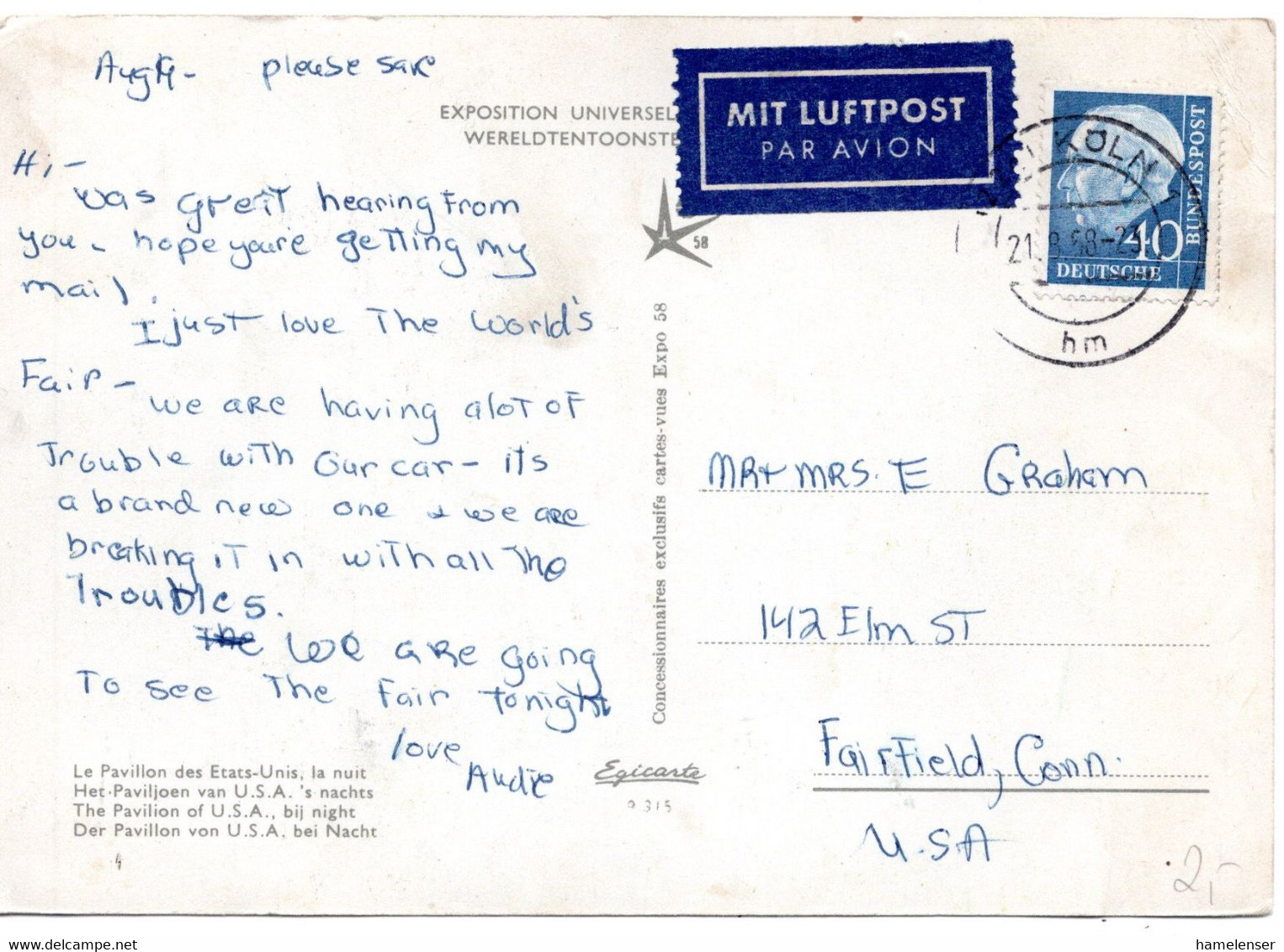 57714 - Bund - 1958 - 40Pfg. Heuss II A. LpAnsKte KOELN -> Fairfield, CT (USA) - Briefe U. Dokumente