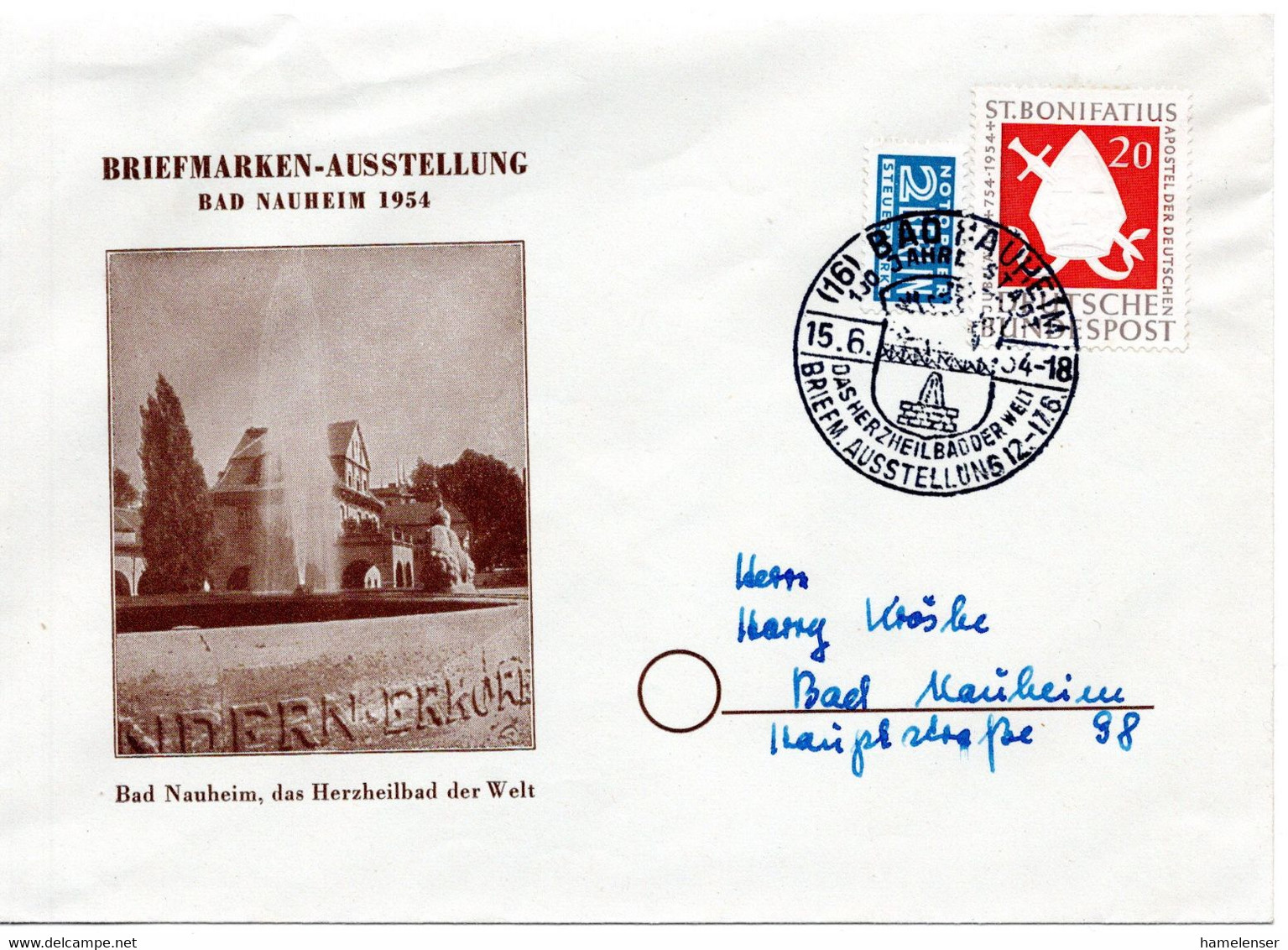 57715 - Bund - 1954 - 20Pfg. St.Bonifatius EF A. Bf M SoStpl BAD NAUHEIM - ... BRIEFM.AUSSTELLUNG ... -> Bad Nauheim - Covers & Documents