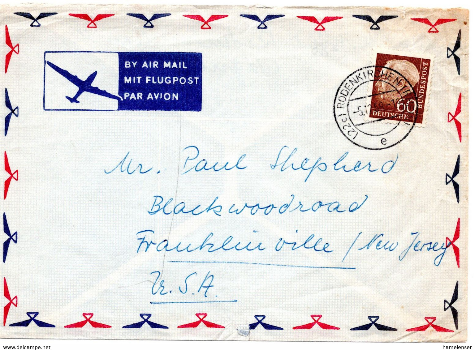 57725 - Bund - 1959 - 60Pfg. Heuss II EF A LpBf RODENKIRCHEN -> Franklinville, NJ (USA) - Lettres & Documents