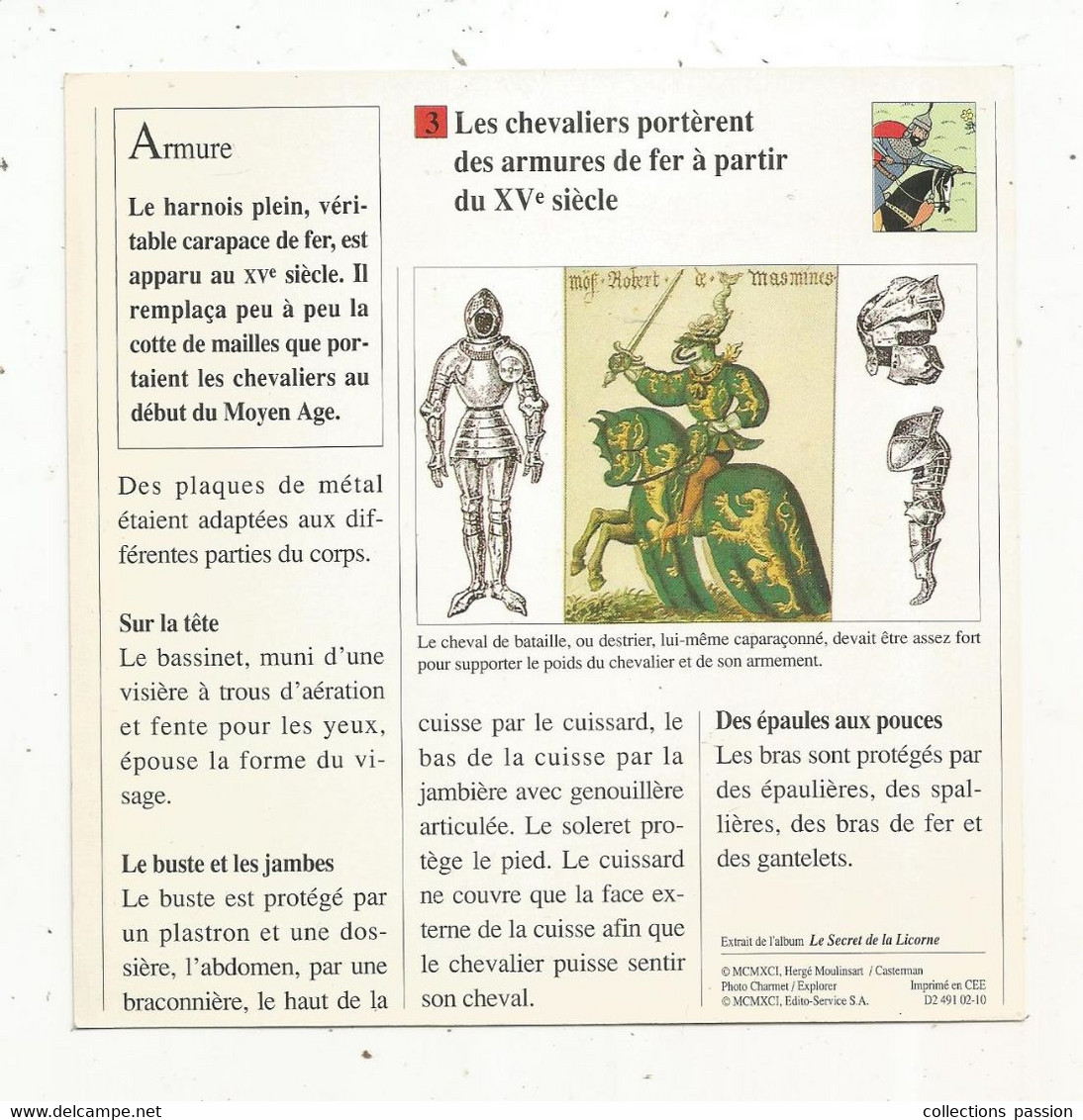 Fiche Illustrée BD,1991,Hergé Moulinsart / Casterman, TINTIN, Le Secret De La Licorne , 150x150 Mm, Frais Fr 1.65e - Other & Unclassified