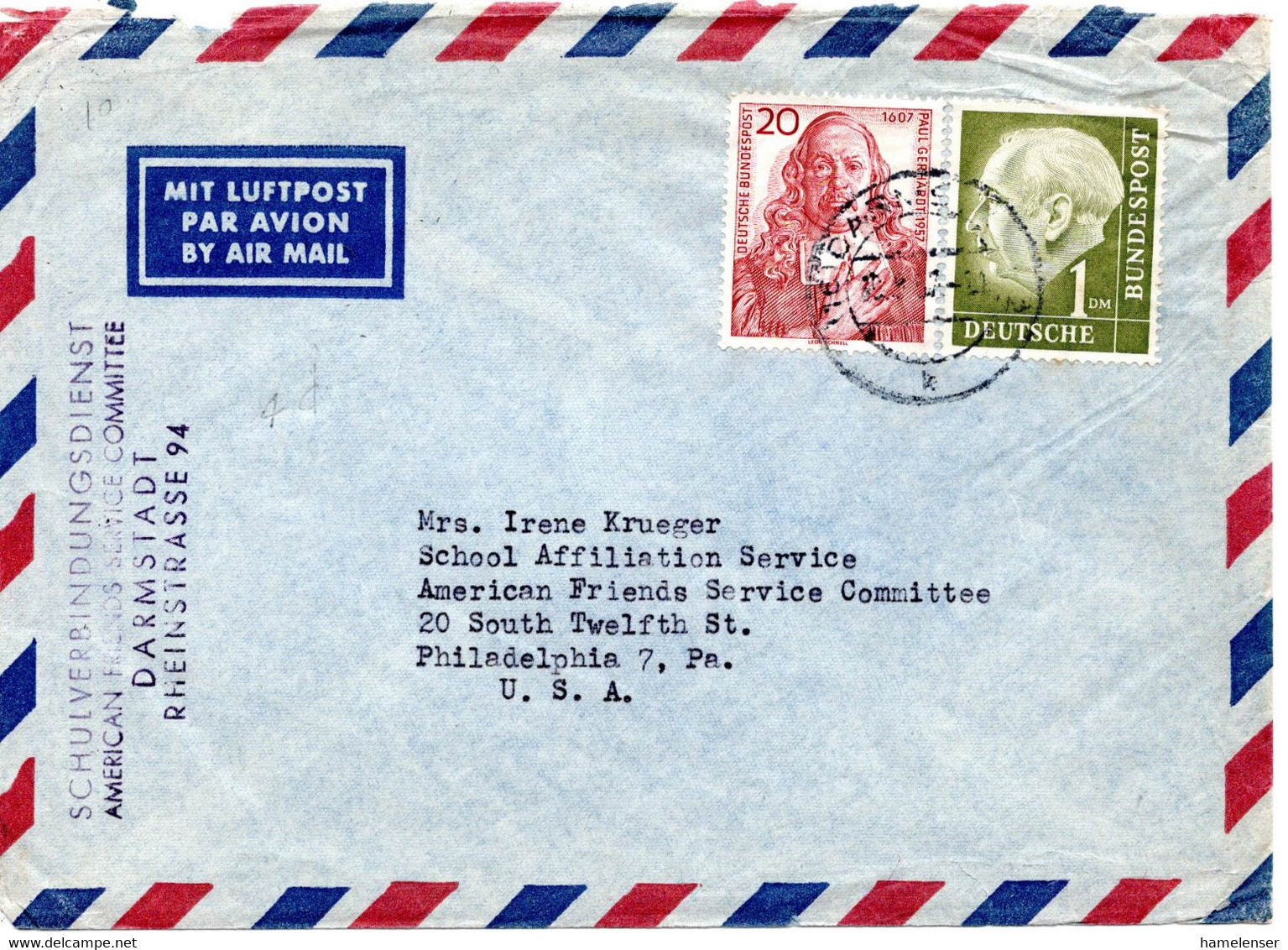 57731 - Bund - 1957 - 1DM Heuss I MiF A LpBf DARMSTADT -> Philadelphia, PA (USA) - Storia Postale