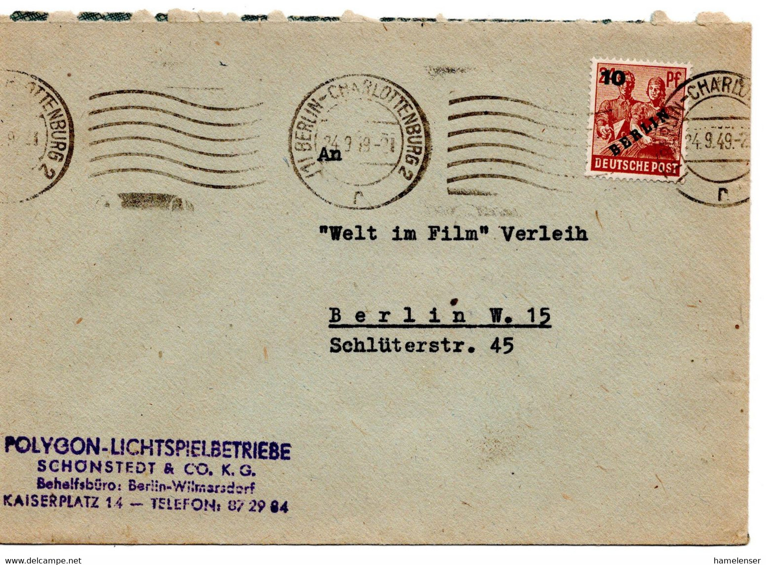 57732 - Berlin - 1949 - 10Pfg Gruenaufdruck EF A OrtsBf BERLIN - Lettres & Documents