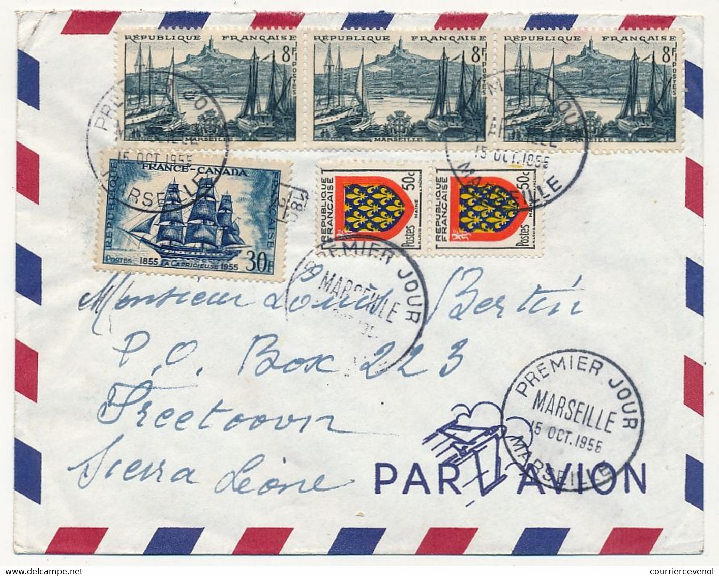 FRANCE => Env. Affr Composé Dont 8F Marseille - Pour Etats Unis - Obl Premier Jour MARSEILLE 15 Octobre 1955 - Covers & Documents