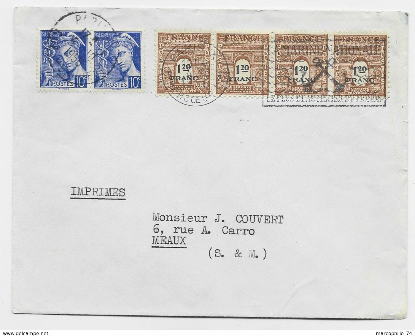 FRANCE ARC TRIOMPHE 1FR20 BANDE DE 4+ 10C MERCURE PAIRE LETTRE PARIS 1956 USAGE TARDIF AU TARIF - 1944-45 Arc De Triomphe