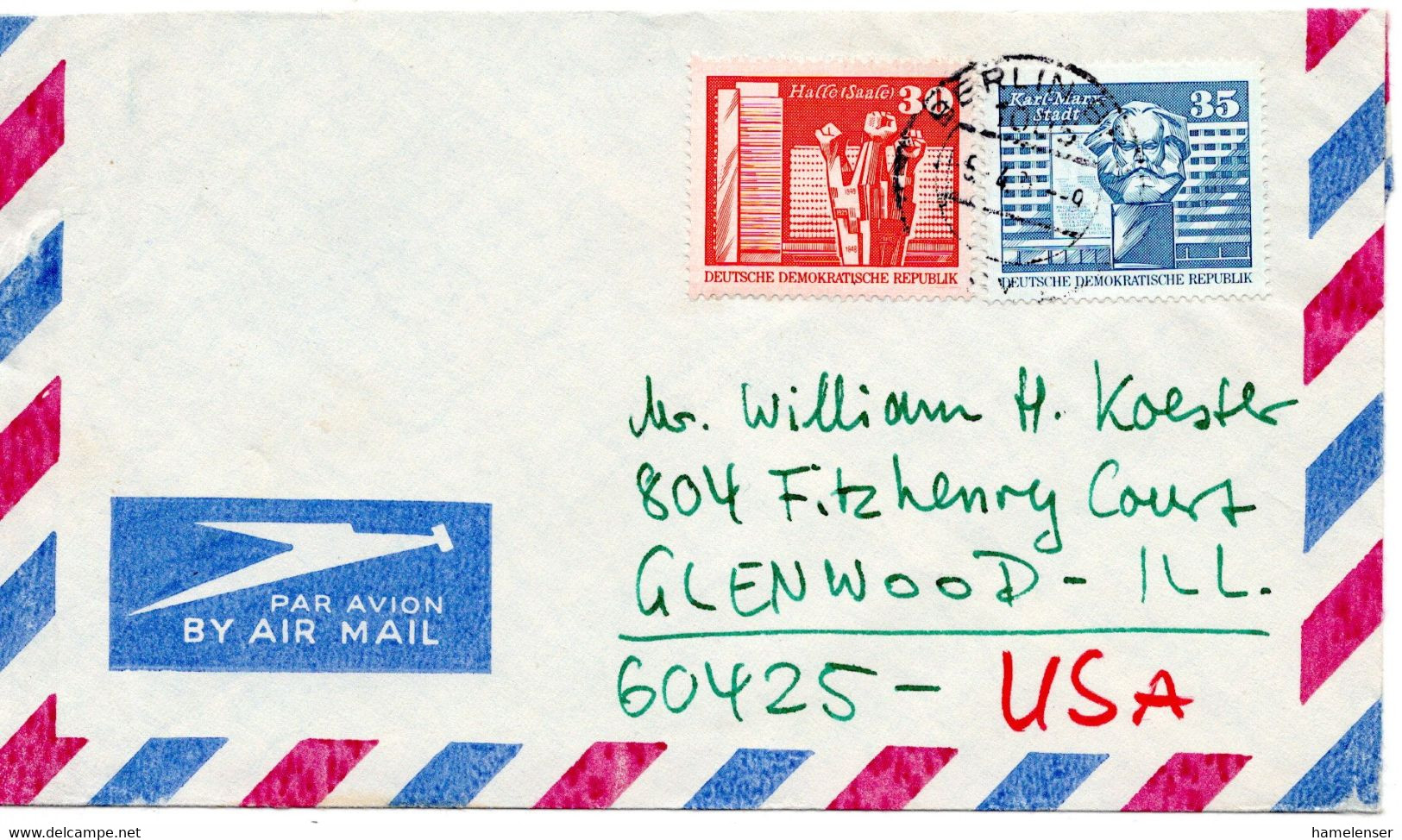 57754 - DDR - 1988 - 35Pfg Gr.Bauten MiF A LpBf BERLIN -> Glenwood, IL (USA) - Storia Postale