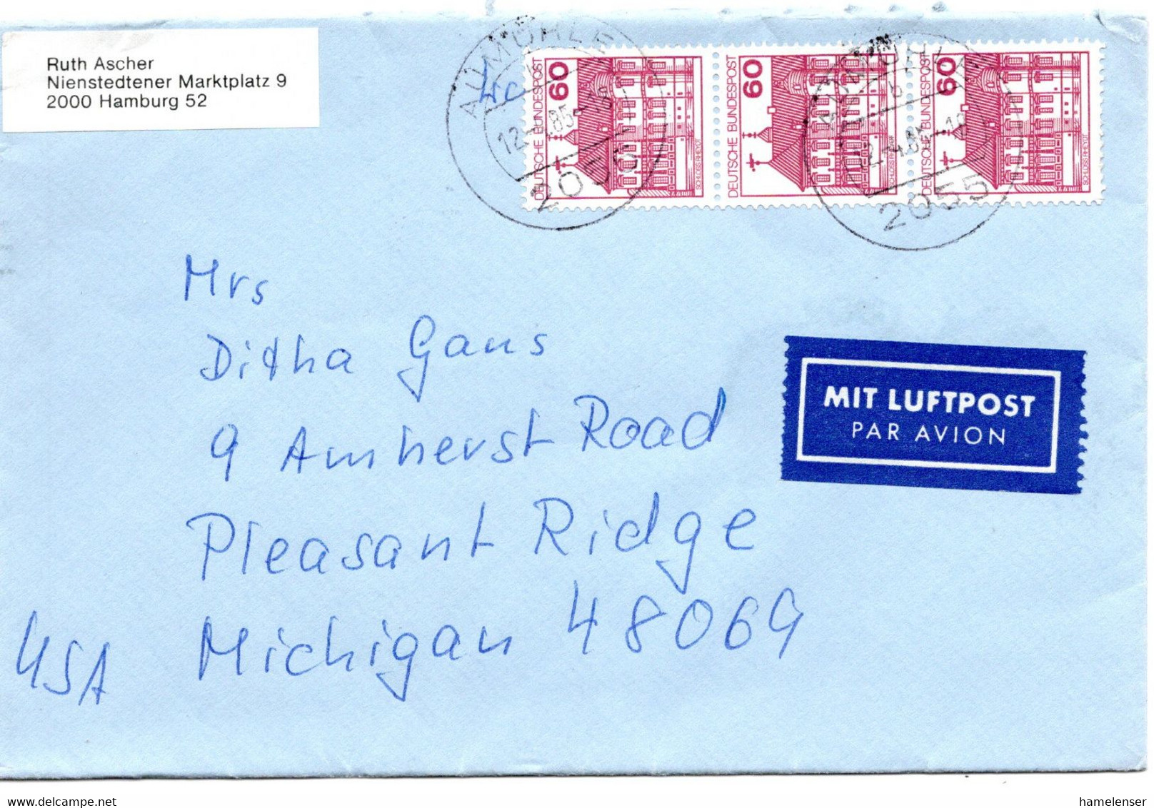 57757 - Bund - 1985 - 3@60Pfg B&S A LpBf AUMUEHLE -> Pleasant Ridge, MI (USA) - Lettres & Documents