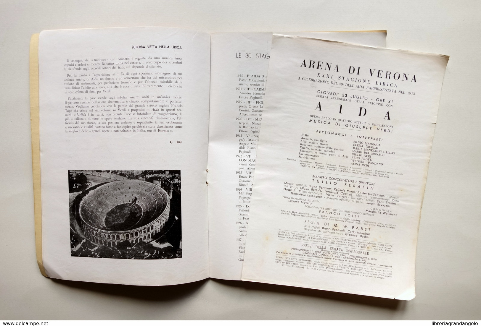 Libretto Di Sala Arena Di Verona Aida Verdi XXXI° Stagione Lirica 1953 Callas - Sin Clasificación