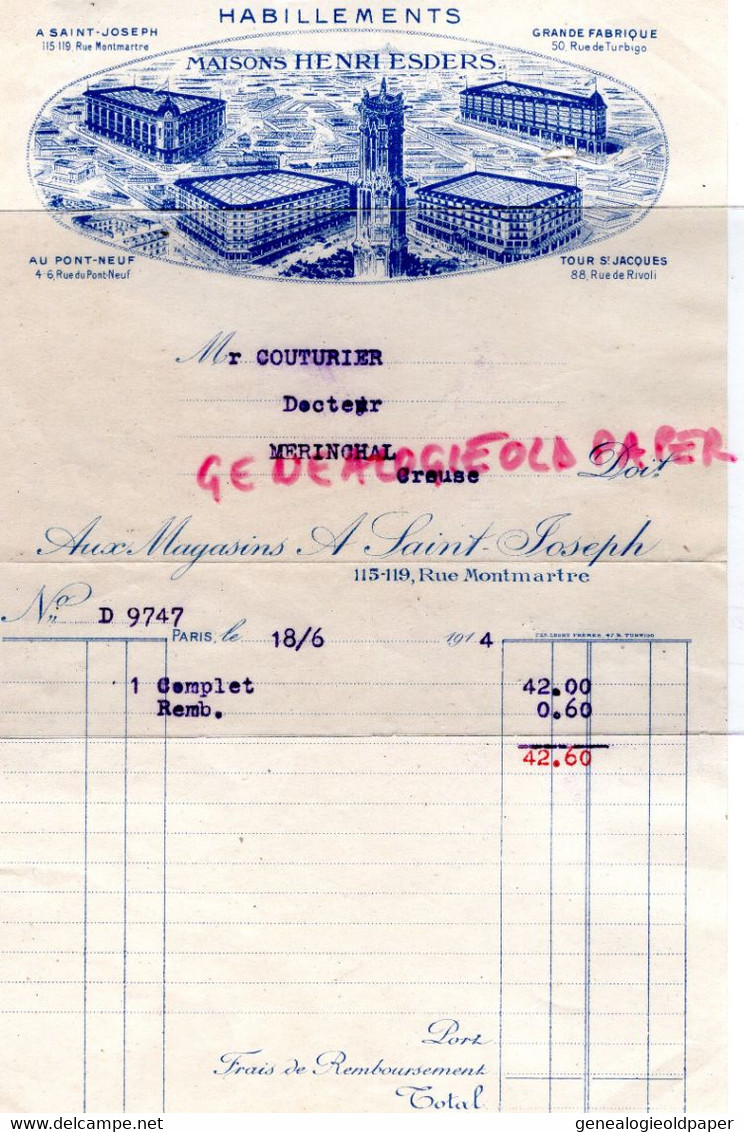 75- PARIS - FACTURE HENRI ESDERS -HABILLEMENTS VETEMENTS- A SAINT JOSEPH 115 RUE MONTMARTRE -1914-COUTURIER MERINCHAL - Textile & Clothing