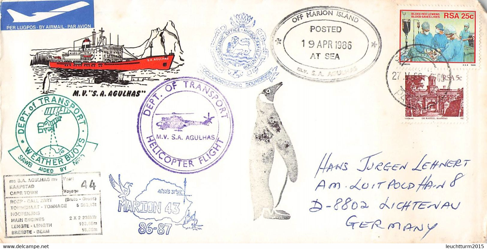 SOUTH AFRICA - POSTED AT SEA OFF MARION ISLAND 1986 / GR240 - Brieven En Documenten