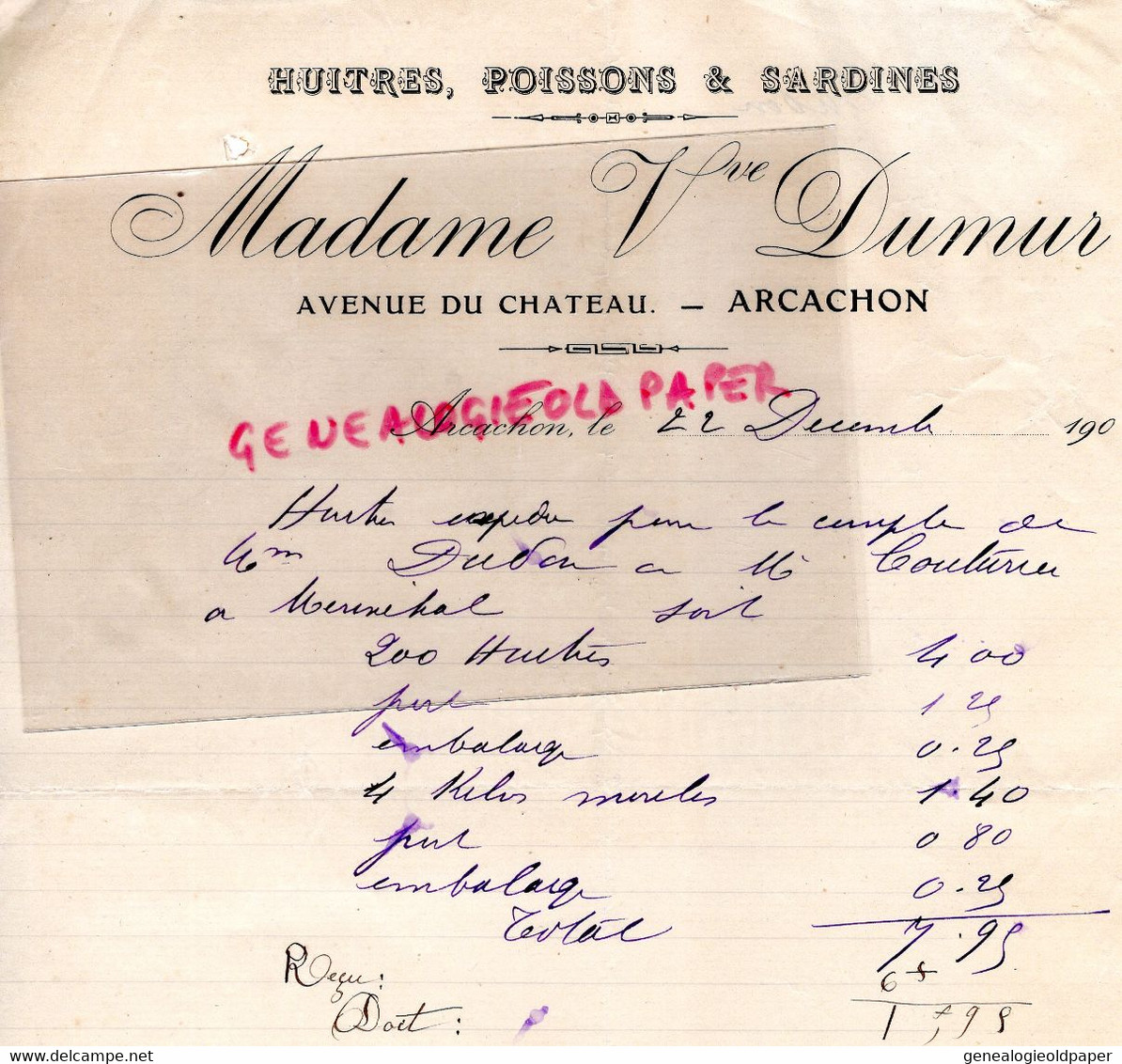 33- ARCACHON - RARE FACTURE MADAME VEUVE DUMUR- HUITRES POISSONS SARDINES- POISSONNIER-AVENUE DU CHATEAU - Alimentaire