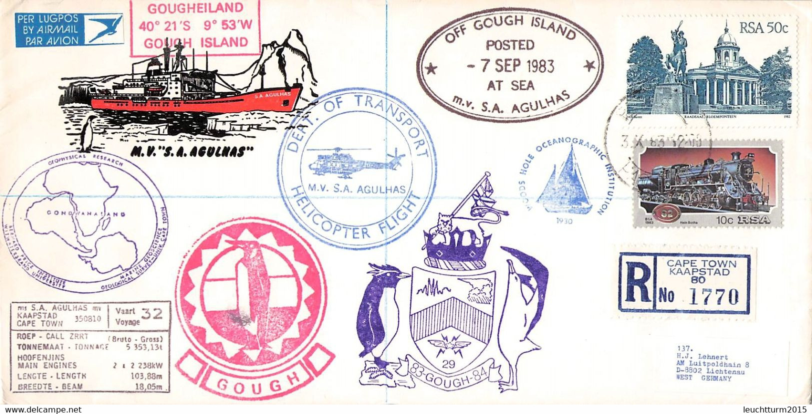 SOUTH AFRICA - POSTED AT SEA OFF GOUGH ISLAND 1983 / GR242 - Covers & Documents