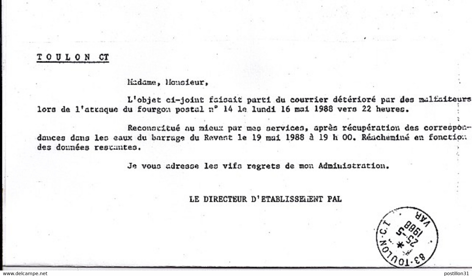 LETTRE DETERIOREE SUITE A ATTAQUE DU FOURGON POSTAL N°14/16.5.88 DANS LE VAR - Lettres Accidentées