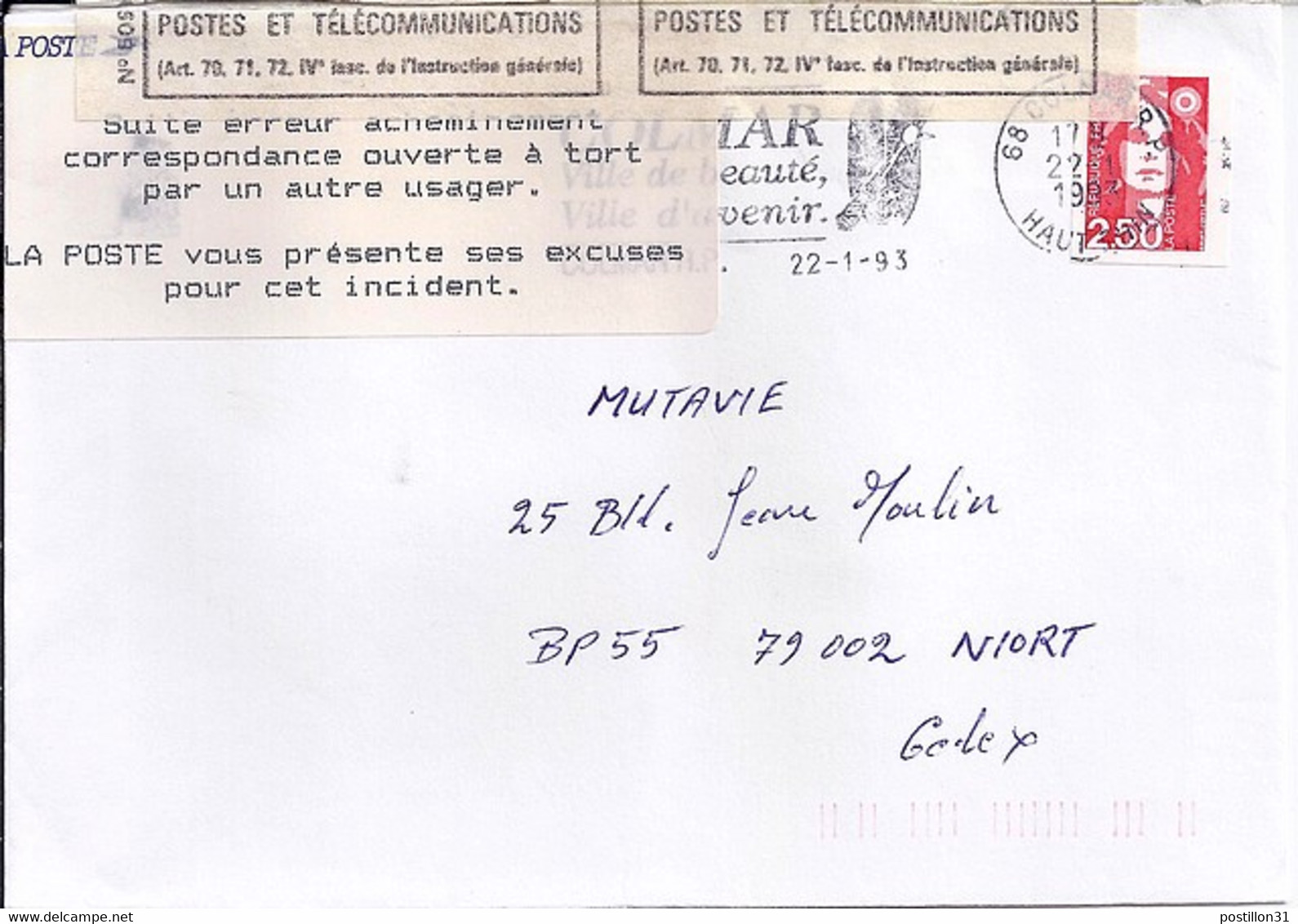 LETTRE OUVERTE A TORT PAR UN AUTRE USAGER ..... / BORDEREAU DE SERVICE /  DE COLMAR/1993 - Lettere Accidentate