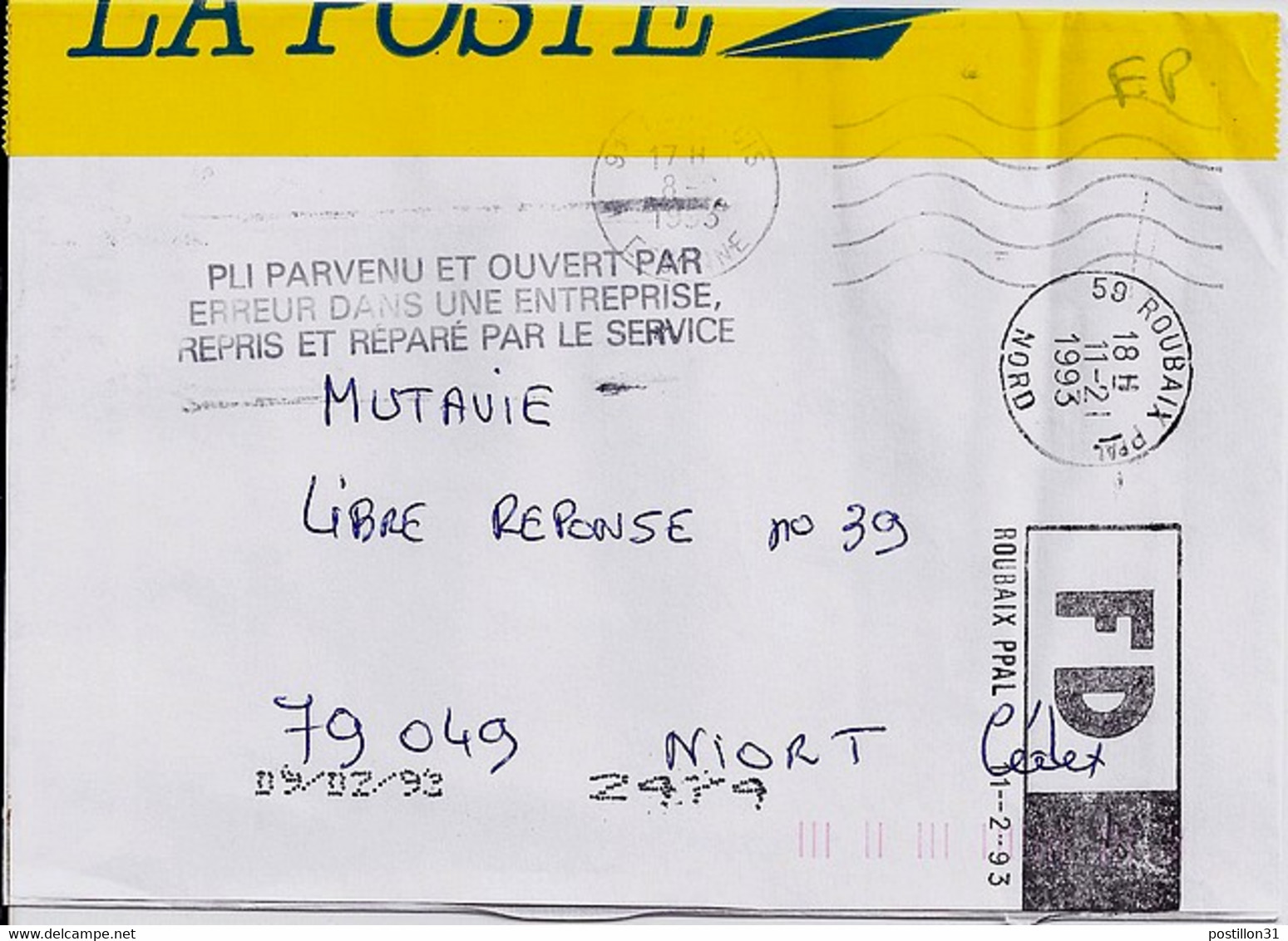 LETTRE PARVENUE ET OUVERTE PAR ERREUR ..... / CACHET DE SERVICE /  DE RIS ORANGIS/1993 - Crash Post