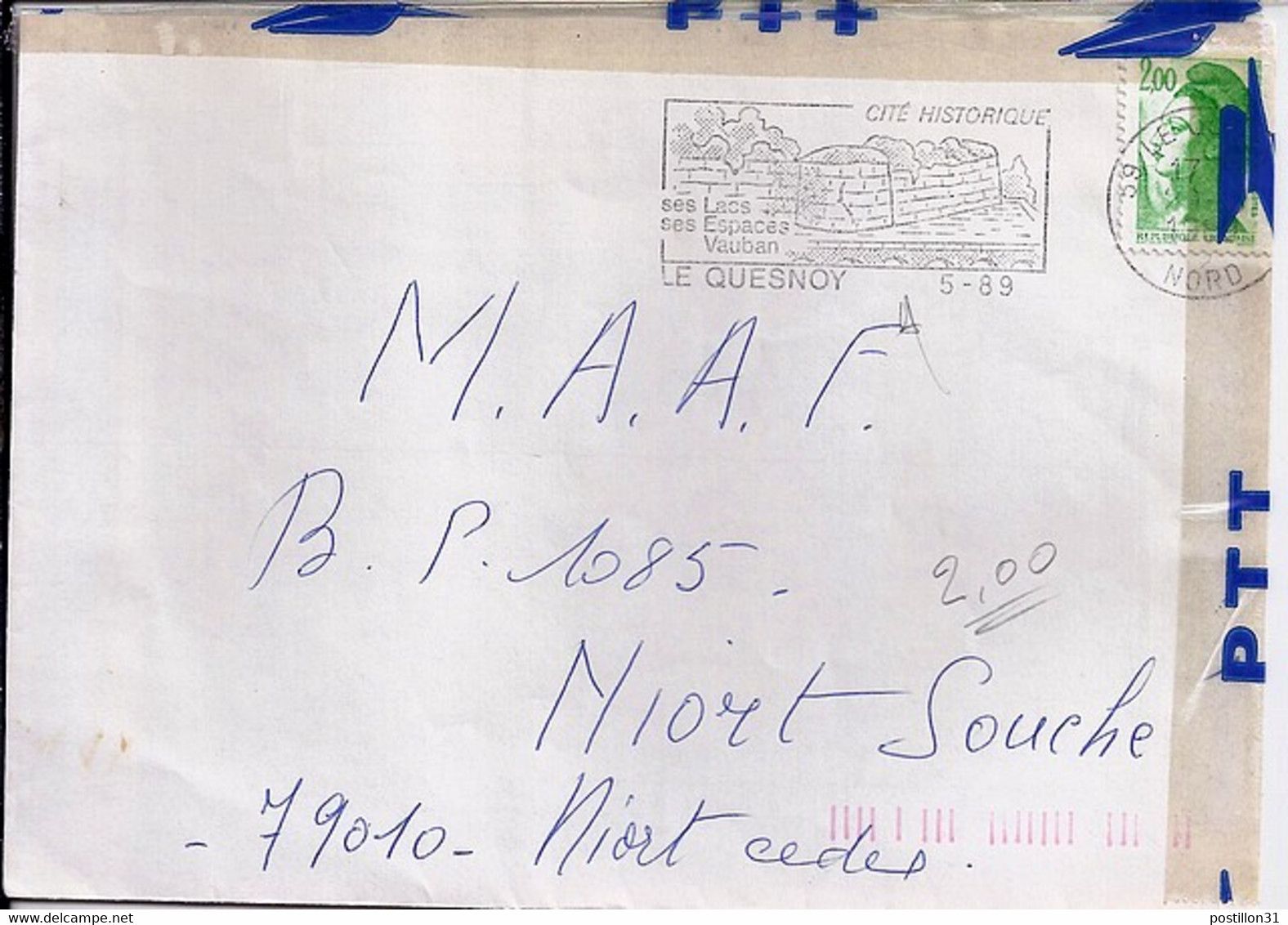 LETTRE RECOLLEE PAR LES SERVICES POSTAUX SANS AUCUNE INSCRIPTION/ DE LE QUESNOY/1989 - Lettere Accidentate