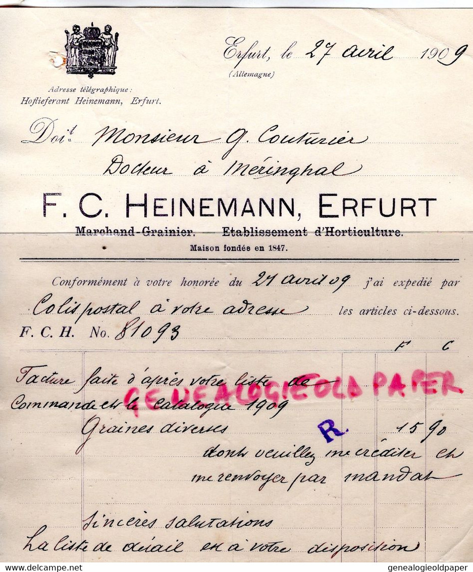 ALLEMAGNE- ERFURT- RARE FACTURE F.C. HEINEMANN -MARCHAND GRAINIER-HORTICULTURE-COUTURIER DOCTEUR MERINCHAL - Landbouw