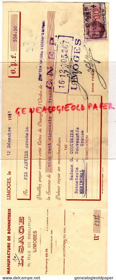 87- LIMOGES- RARE TRAITE L. SAGE- MANUFACTURE BONNETERIE- 39 RUE BEAUPUY- 1941-A MME COUTURIER MERINCHAL - Textile & Clothing