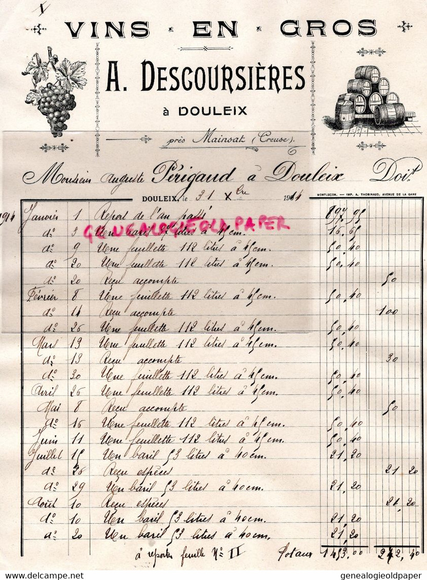 23- MAINSAT - DOULEIX- RARE FACTURE A. DESCOURSIERES- MARCHAND VINS-VIN- A AUGUSTE PERIGAUD -1914 - Alimentaire