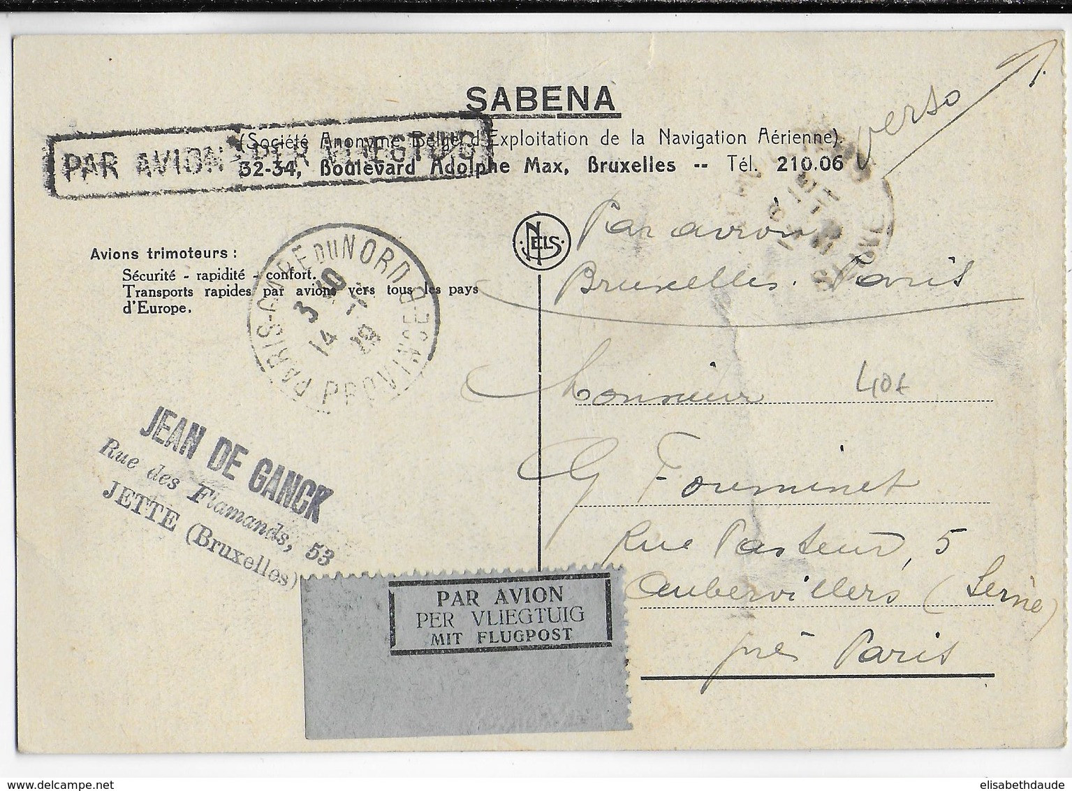 1929 - BELGIQUE - ORVAL - CARTE SABENA AIR LINES Par AVION De BRUXELLES => AUBERVILLIERS - Other & Unclassified