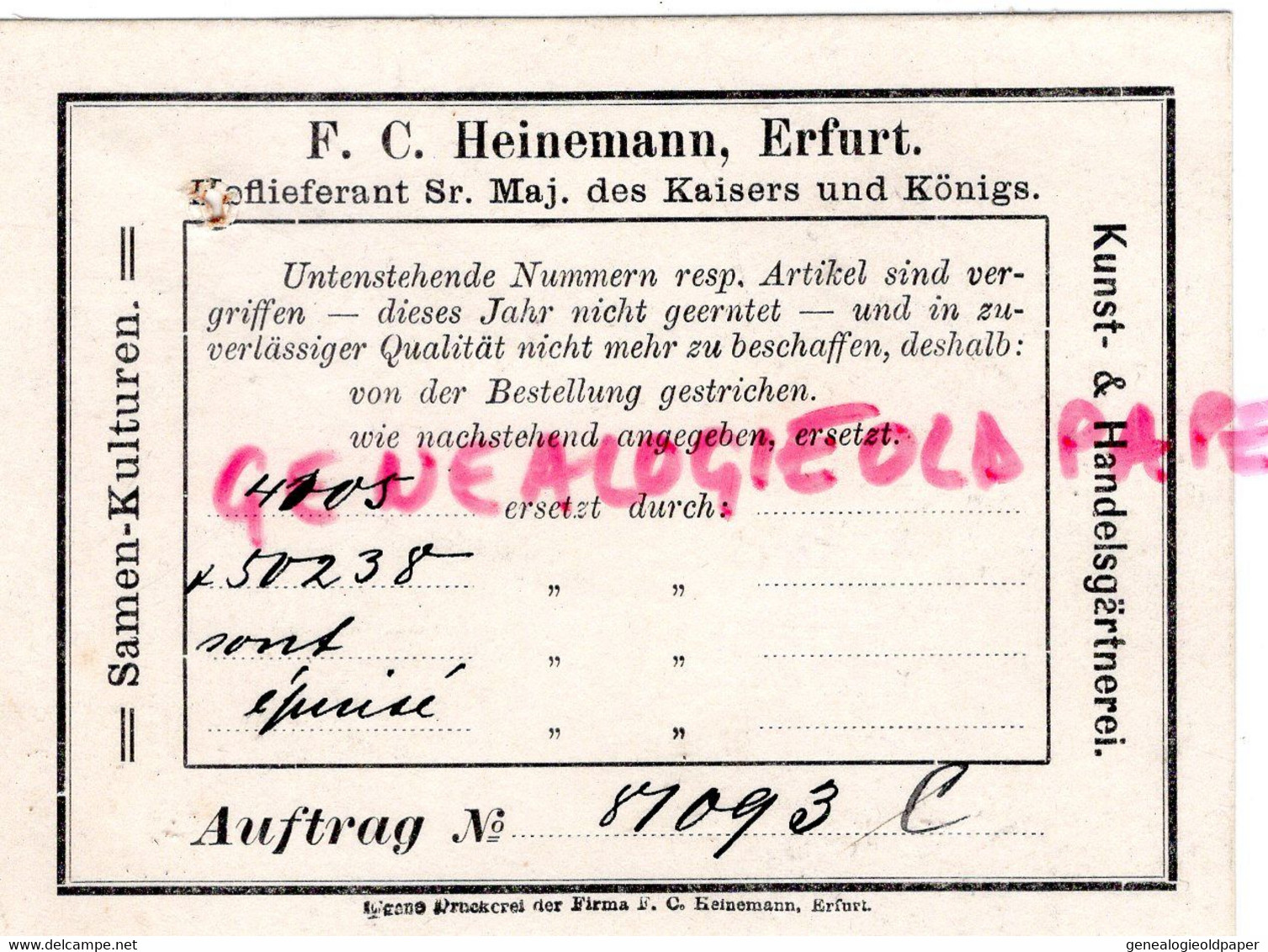 ALLEMAGNE- ERFURT- RARE CARTE F.C. HEINEMANN -MARCHAND GRAINIER-HORTICULTURE- SAMEN KULTUREN - Landbouw