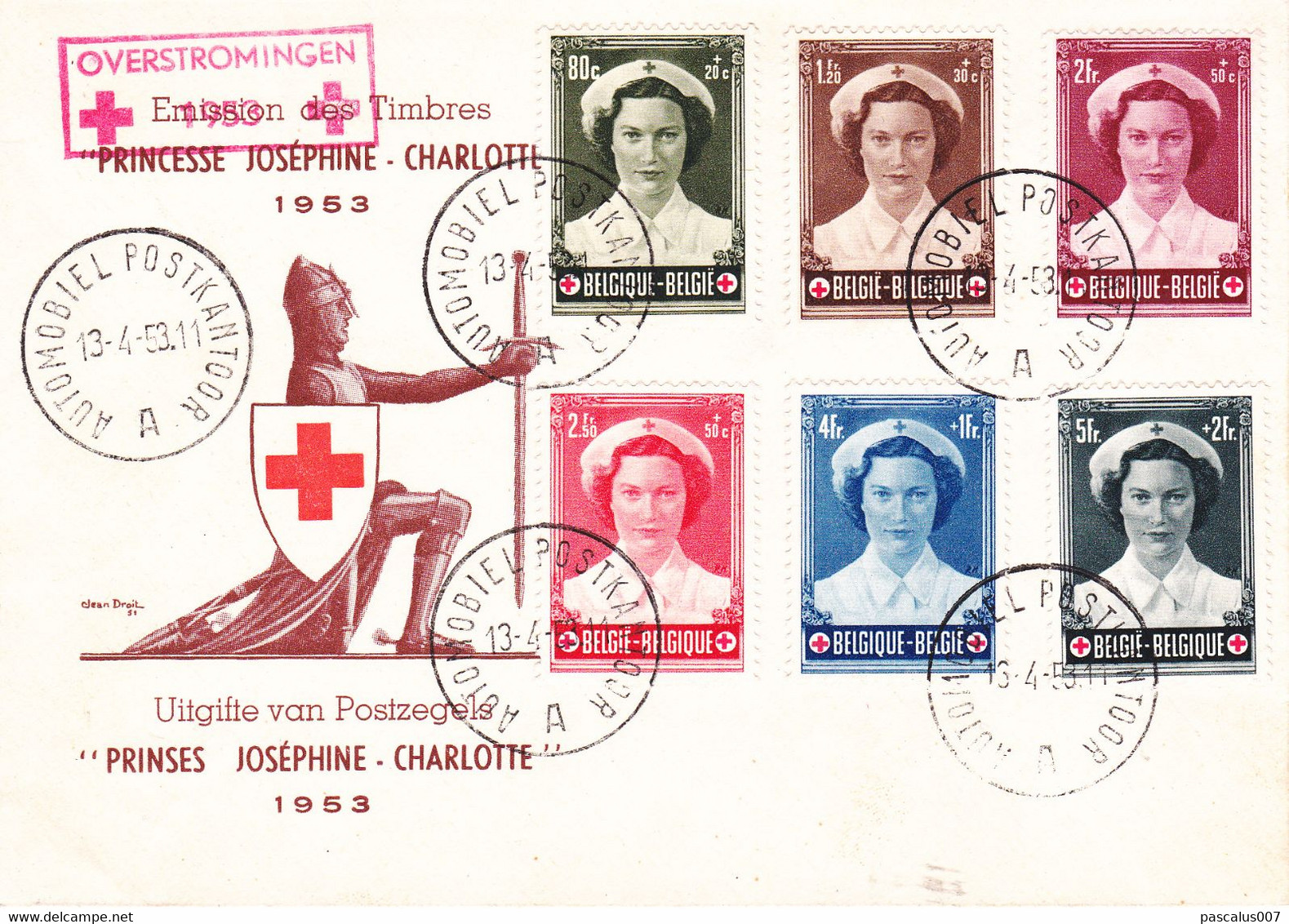 B01-389 912 917 PC 2 Commémoratif  Overstromingen Inondations Croix-Rouge Joséphine Charlotte Princesse 30-3-1953 A Auto - Ohne Zuordnung