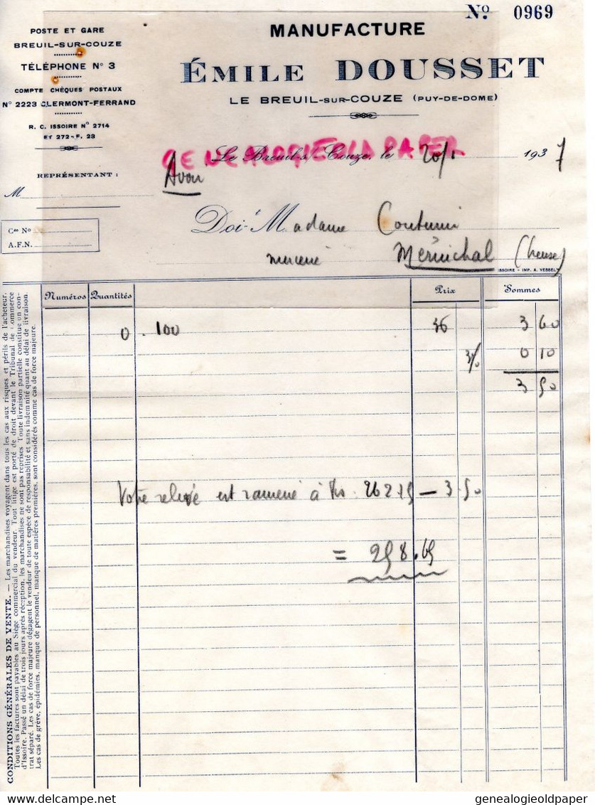63- LE BREUIL SUR COUZE- FACTURE EMILE DOUSSET MANUFACTURE BOUTONS BONNETERIE PASSEMENTERIE-1937 - Kleidung & Textil