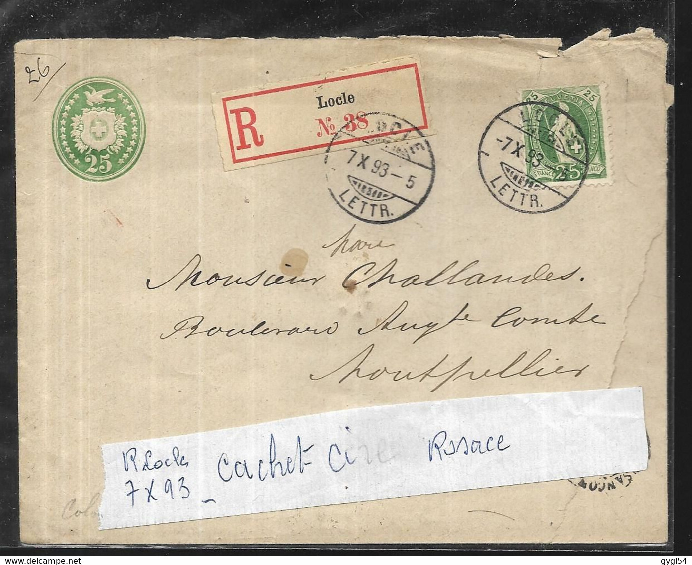 Suisse Entier Postal ( Avec Complément )  Recommandé Du 07 X 1893 De LOCLE Pour Montpellier Cachet Arrivée Avec Rosace - Entiers Postaux