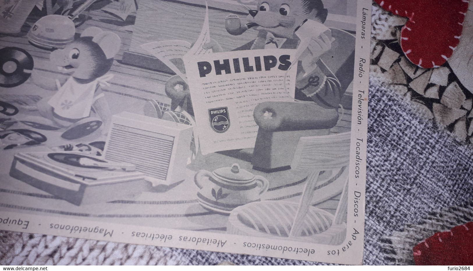 PUBBLICITA' SU CARTONE PHILIPS APPARECCHIATURE ELLETRONICHE TOPOLINI ILLUSTRATA DIMENSIONI 35,50X26,50 - Pappschilder