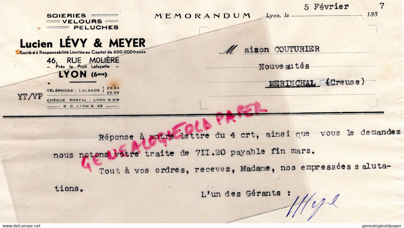 69- LYON - RARE LETTRE MEMORANDUM LUCIEN LEVY -MEYER- SOIERIES VELOURS - 46 RUE MOLIERE- 1937 - Textile & Vestimentaire
