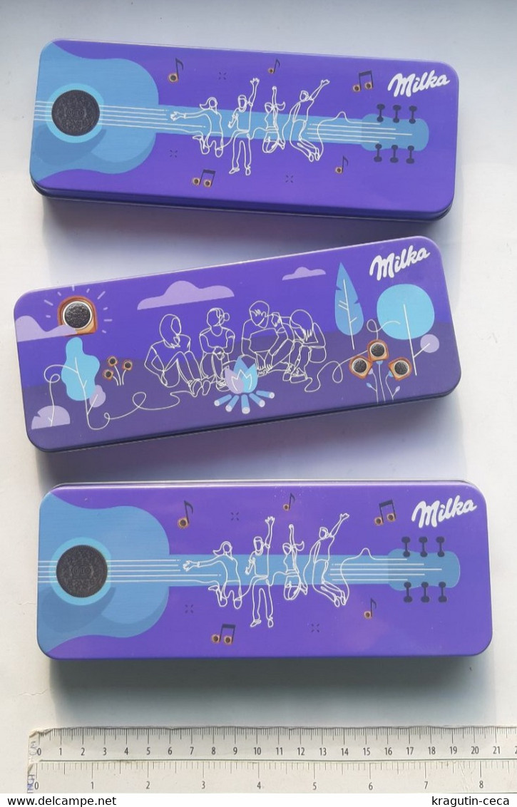 MILKA OREO CHOCOLATE LOT TIN PEN CASE METAL PENCIL PENCILS ADVERTISE BOX GUITAR MUSIC CAMPING KAMP YOUNG PEOPLE - Chocolat