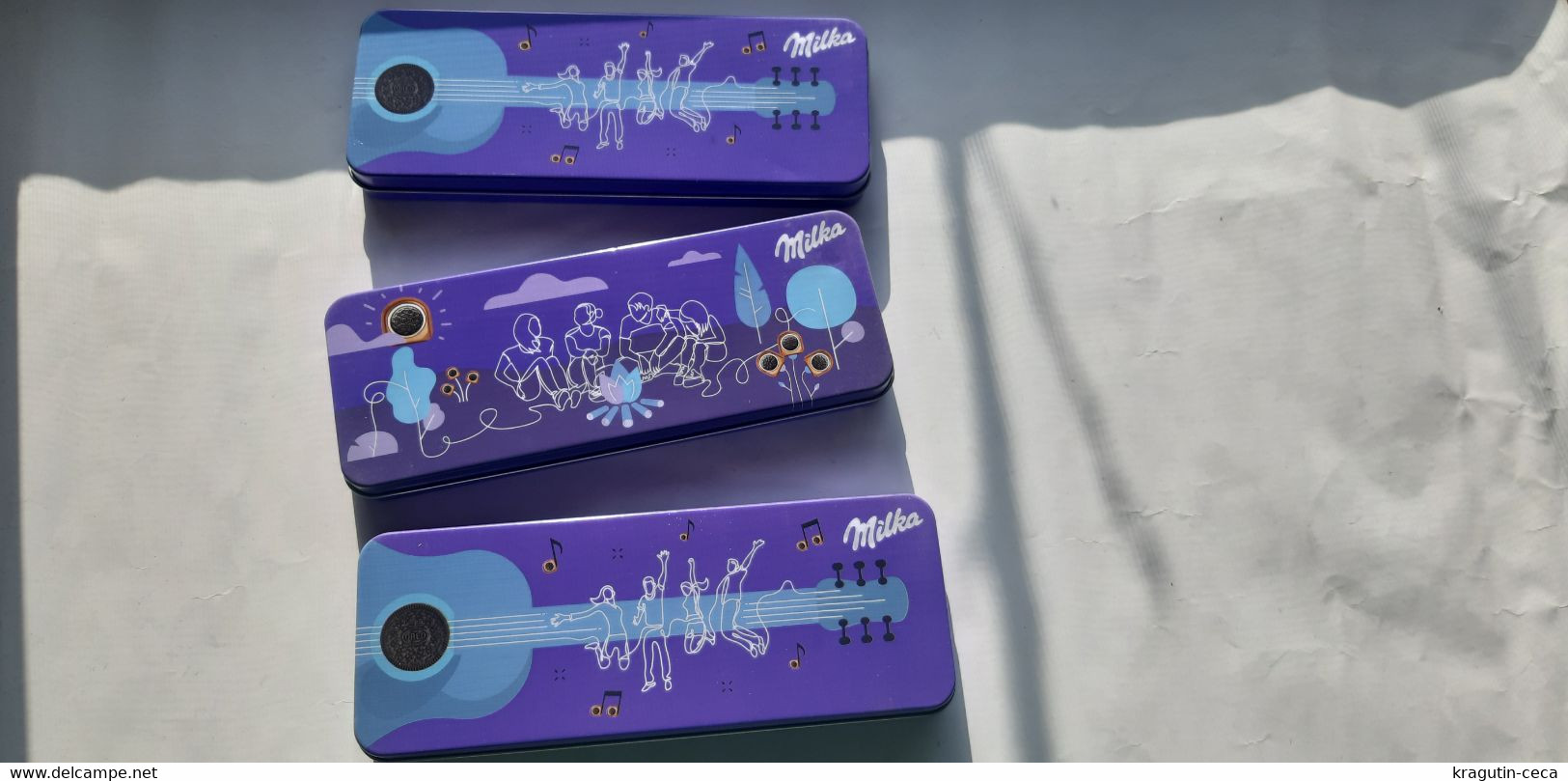 MILKA OREO CHOCOLATE LOT TIN PEN CASE METAL PENCIL PENCILS ADVERTISE BOX GUITAR MUSIC CAMPING KAMP YOUNG PEOPLE - Chocolat