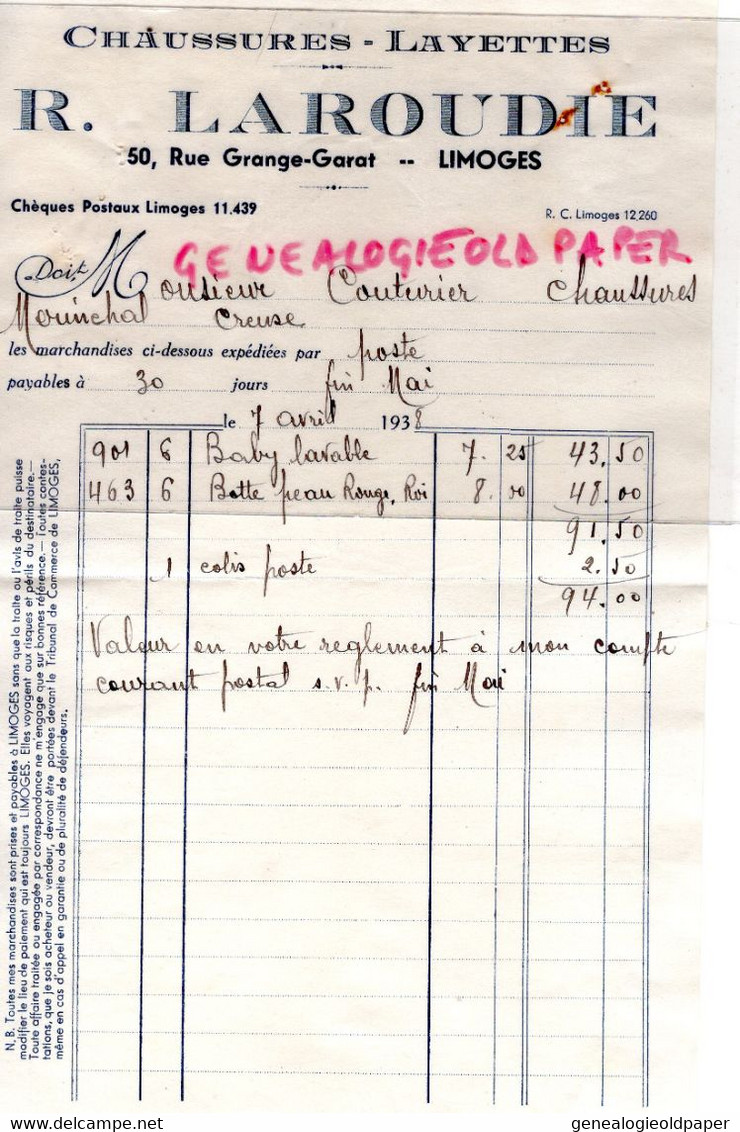 87- LIMOGES- FACTURE R. LAROUDIE -CHAUSSURES LAYETTES- 50 RUE GRANGE GARAT- 1938 - Textile & Vestimentaire