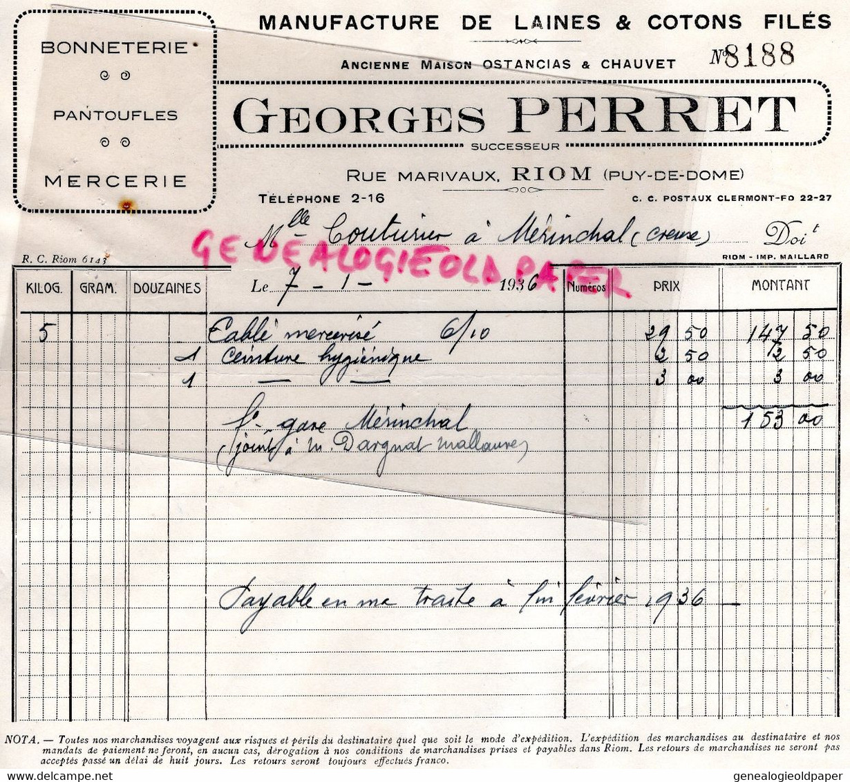 63- RIOM- RARE FACTURE GEORGES PERRET-OSTANCIAS CHAUVET- MANUFACTURE LAINES COTONS-BONNETERIE- RUE MARIVAUX-1936 - Kleidung & Textil