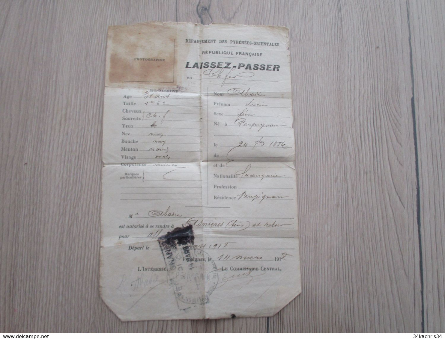 Laissez Passer 14/03/1918 Abadie Perpignan En L'état - Documenten