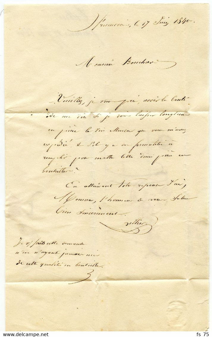 BELGIQUE - CAD MONS + BOITE C SUR LETTRE AVEC CORRESPONDANCE DE FRAMERIES POUR L A FRANCE, 1840 - Poste Rurale
