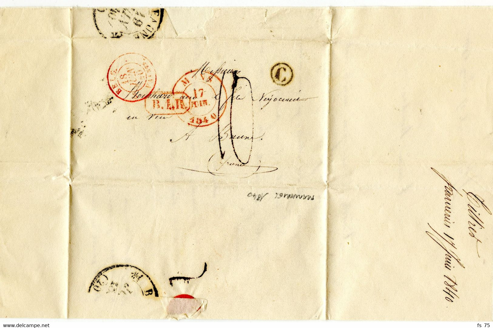 BELGIQUE - CAD MONS + BOITE C SUR LETTRE AVEC CORRESPONDANCE DE FRAMERIES POUR L A FRANCE, 1840 - Landelijks Post